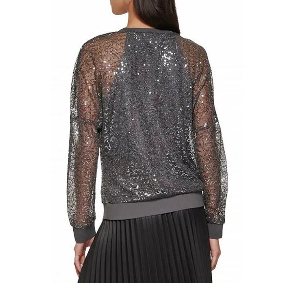 DKNY NWT Sequin Mesh Overlay Crewneck Top Gunmetal Grey Small Dolman Sleeves - Picture 15 of 16